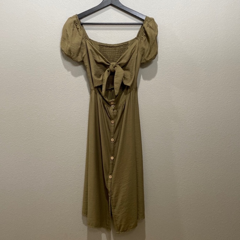 SHEIN Olive Green Short Puff Sleeve Midi Dress